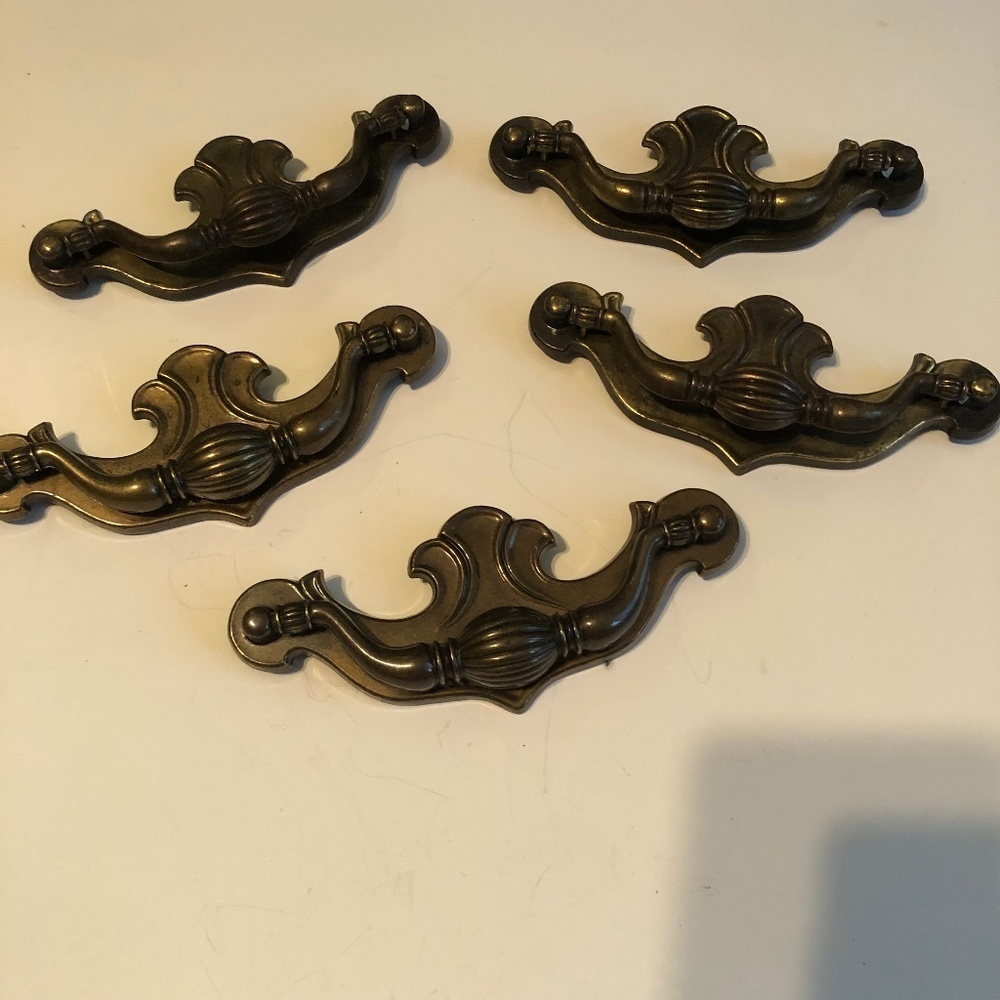 Vintage set of 5 brass drop bail pulls, bat wing handles, replacement handles
